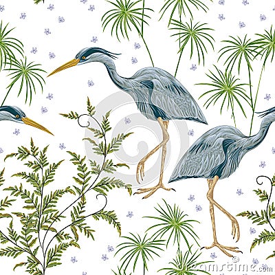 Seamless pattern with heron bird and swamp plants. Vector Illustration