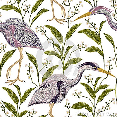 Seamless pattern with heron bird and swamp plants. Vector Illustration
