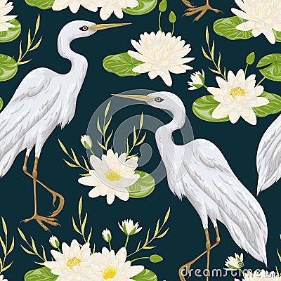 Seamless pattern with heron bird and water lily. Swamp flora and fauna Vector Illustration