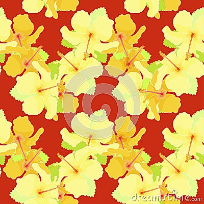 Seamless pattern with hibiscus on a dark red background. vector Vector Illustration