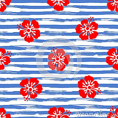 Seamless pattern with hibiscus flowers on striped background. Tropical summer illustration. Vector Vector Illustration