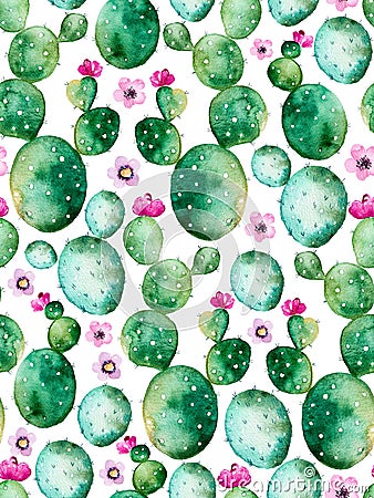 Seamless pattern with high quality hand painted watercolor cactus plants and purple flowers. Stock Photo