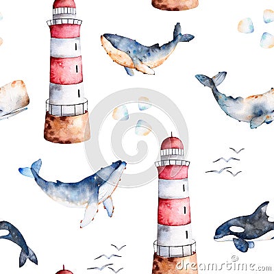 Seamless pattern with high quality handpainted watercolor whales,seashells and lighthouse in pastel colors. Stock Photo