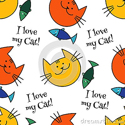 Seamless pattern with Hipster Cute Cats. Funny lovely Cats. Cloth design, wallpaper. Stock Photo