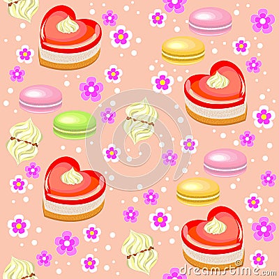 Seamless pattern. Holiday cakes in the form of heart, strawberry, marshmallows and flowers. Suitable as a gift wrapping for Cartoon Illustration