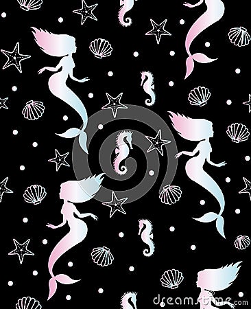 Seamless pattern of holographic mermaid on black Vector Illustration
