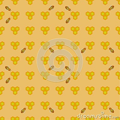 Seamless pattern: honeycombs and bees on a yellow background. Flat vector. Vector Illustration