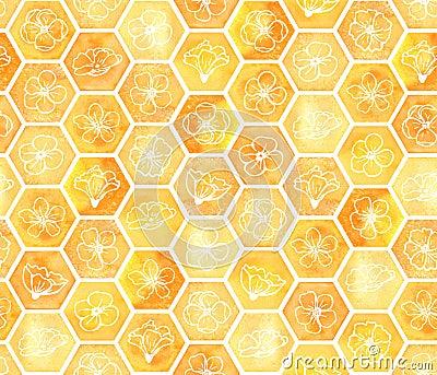 Seamless pattern with Honeycombs and Wildflowers, Watercolor golden texture Stock Photo