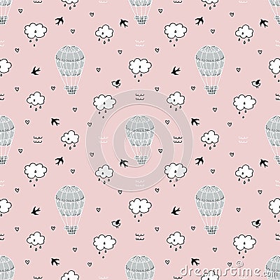 Seamless pattern with hot air balloon, clouds and birds. Vector Illustration