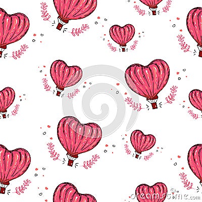 Seamless pattern with hot air balloon, heart vector background. Love. Perfect for wallpaper, pattern fill, web page background, Vector Illustration