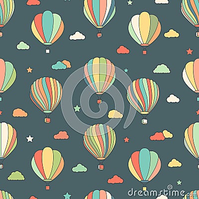 Seamless pattern with hot air balloons, stars, clouds Vector Illustration