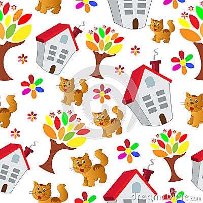 Seamless pattern with house, cat and tree Vector Illustration