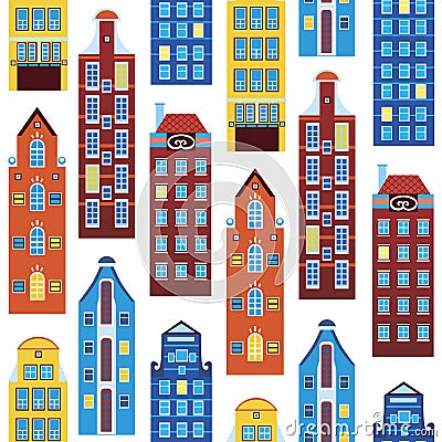 Seamless pattern with houses of amsterdam or europe isolated on white background for printing on fabric or textile, flat vector Vector Illustration