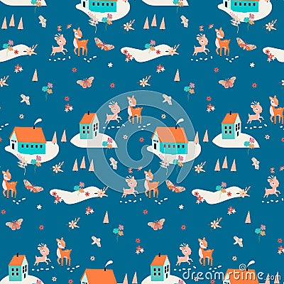 Seamless pattern with houses and bambi Vector Illustration