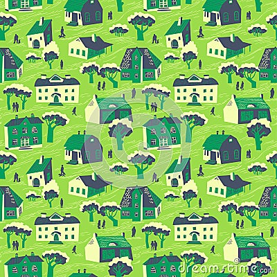 Seamless pattern with houses. Cute town vector illustration. Arc Vector Illustration
