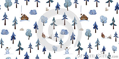 Seamless pattern of houses, trees, hares and walking children. Cartoon Illustration