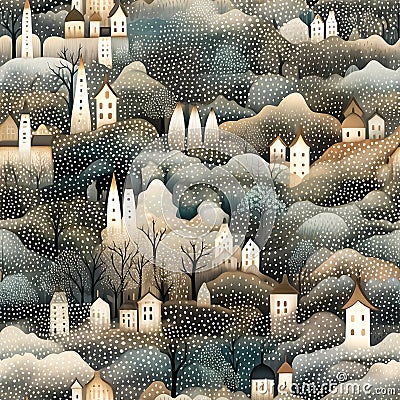 Seamless pattern with houses and trees in the winter forest. Detailed background in soft neutral colors, texture design for fabric Stock Photo