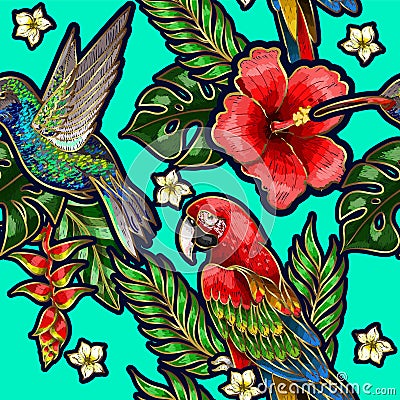 Seamless pattern with humming bird, hibiscus flowers and tropical leaves. Stock Photo