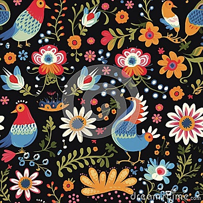 Seamless pattern of Hungarian folklore motives, created with generative AI Stock Photo