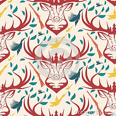 Seamless pattern for hunting theme. deer, duck, gun, bird Vector Illustration