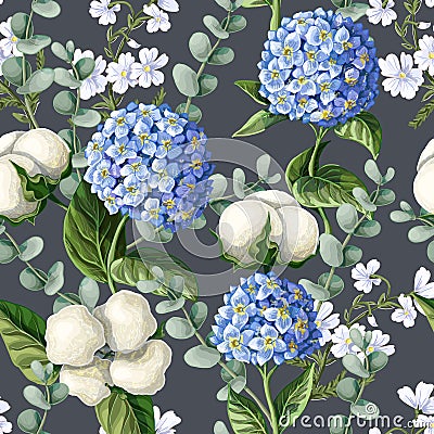 Seamless pattern with Hydrangea, cotton flowers, eucalyptus branches. Vector illustration Vector Illustration