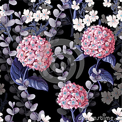 Seamless pattern with hydrangeas, cotton flowers and eucalyptus branches. Vector illustration. Vector Illustration