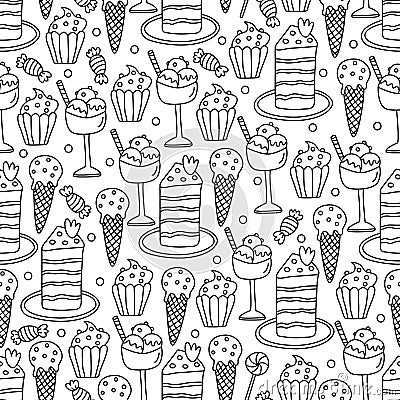 Seamless pattern with ice cream, cakes and candies doodle hand drawn vector illustration Vector Illustration