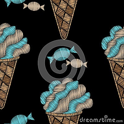 Seamless pattern with ice cream and candy embroidery stitches Vector Illustration