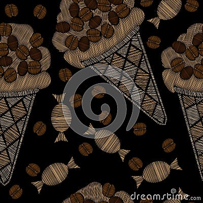 Seamless pattern with ice cream with coffee and candy embroidery Vector Illustration