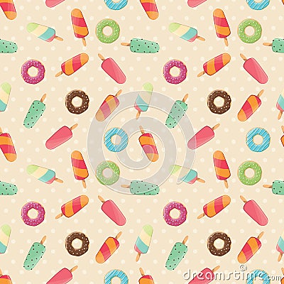 Seamless pattern with ice cream and colorful tasty donuts and ice cream Vector Illustration