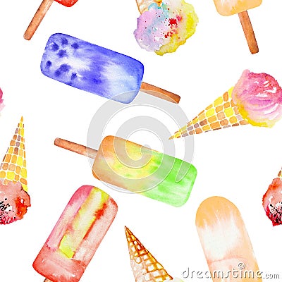 Seamless pattern with the ice cream cone, frozen juice lolly, hand drawn in a watercolor on a white background Stock Photo