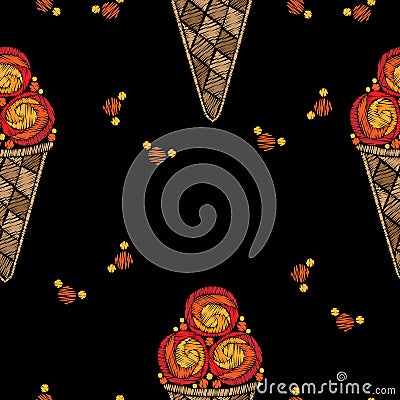 Seamless pattern Ice cream embroidery stitches imitation Vector Illustration