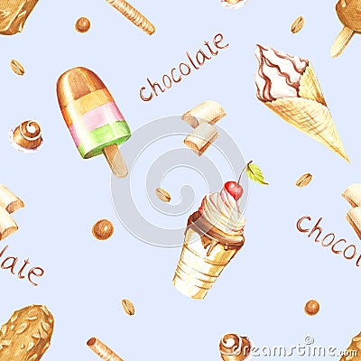 Seamless pattern with ice cream. Hand draw watercolor illustration Cartoon Illustration