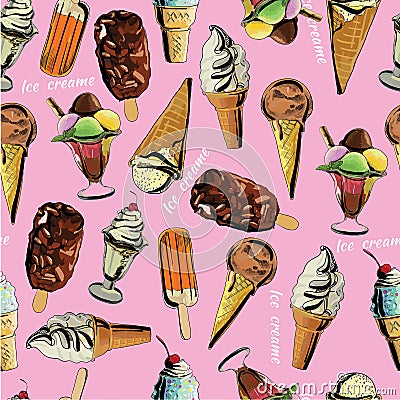 seamless pattern ice cream. Hand drawn dessert background. Swee Vector Illustration