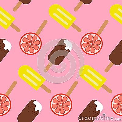 Seamless pattern ice cream popsicle in chocolate and citrus fruit ice Vector Illustration