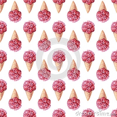 Seamless pattern of Ice cream in a waffle cone from s buds of roses on white background Stock Photo