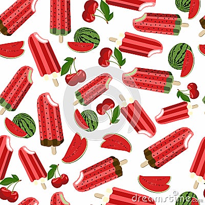 Seamless pattern ice cream watermelon with seeds and cherry flavor on a white background. Vector illustration Vector Illustration