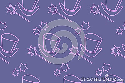 Seamless pattern with Icon, symbol of a magician, wizard or conjurer. Top hat, shiny magic wand. Blue purple pink vector texture. Stock Photo