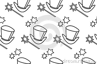 Seamless pattern with Icon, symbol of a magician, wizard or conjurer. Top hat, shiny magic wand. Contour vector black and white Stock Photo