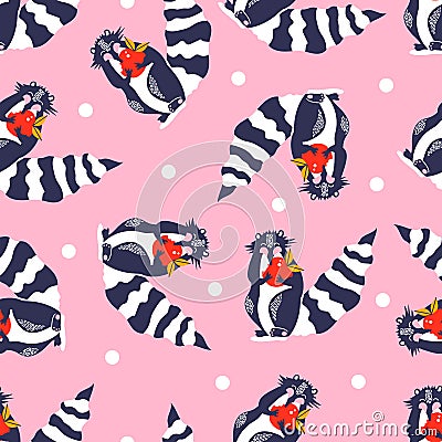 Seamless pattern with icons of cute raccoon. Funny animal eating an apple. Vector Illustration