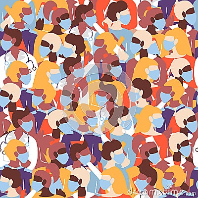 Seamless pattern of icons of student characters in masks during quarantine. Social distancing consept. Studying during illness. Vector Illustration