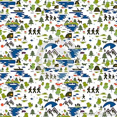 Seamless pattern. Icons of tourism in nature, the family goes on a hike, ecotourism, a fisherman in a boat, nature types: mountain Vector Illustration