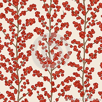 Seamless pattern with Ilex. Winterberry Vector Illustration