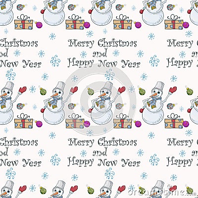 Seamless pattern illustration for decoration wrapper packaging A snowman with a bucket on his head waving his hand standing among Vector Illustration