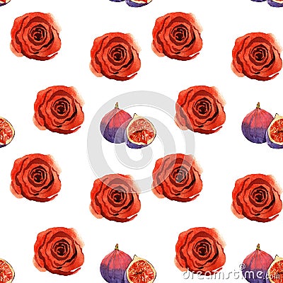 Seamless pattern illustration with red roses and figs Cartoon Illustration