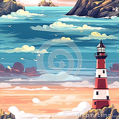 Seamless pattern illustration with see marine theme and lighthouse, background Cartoon Illustration