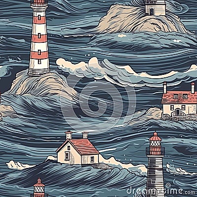 Seamless pattern illustration with see marine theme and lighthouse, background Cartoon Illustration