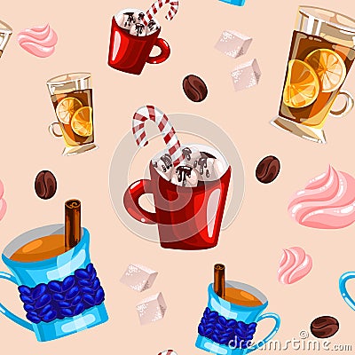 Seamless pattern illustration with winter drinks hot cocoa with marshmallows tea with lemon and cinnamon Cartoon Illustration