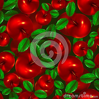 Seamless pattern with the image of red apples with leaves. Vector Illustration