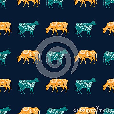 Seamless pattern with the image of silhouettes of cows and flowers Vector Illustration